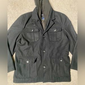 Mens Guess black hooded thermal button down with zip peacoat Sz L